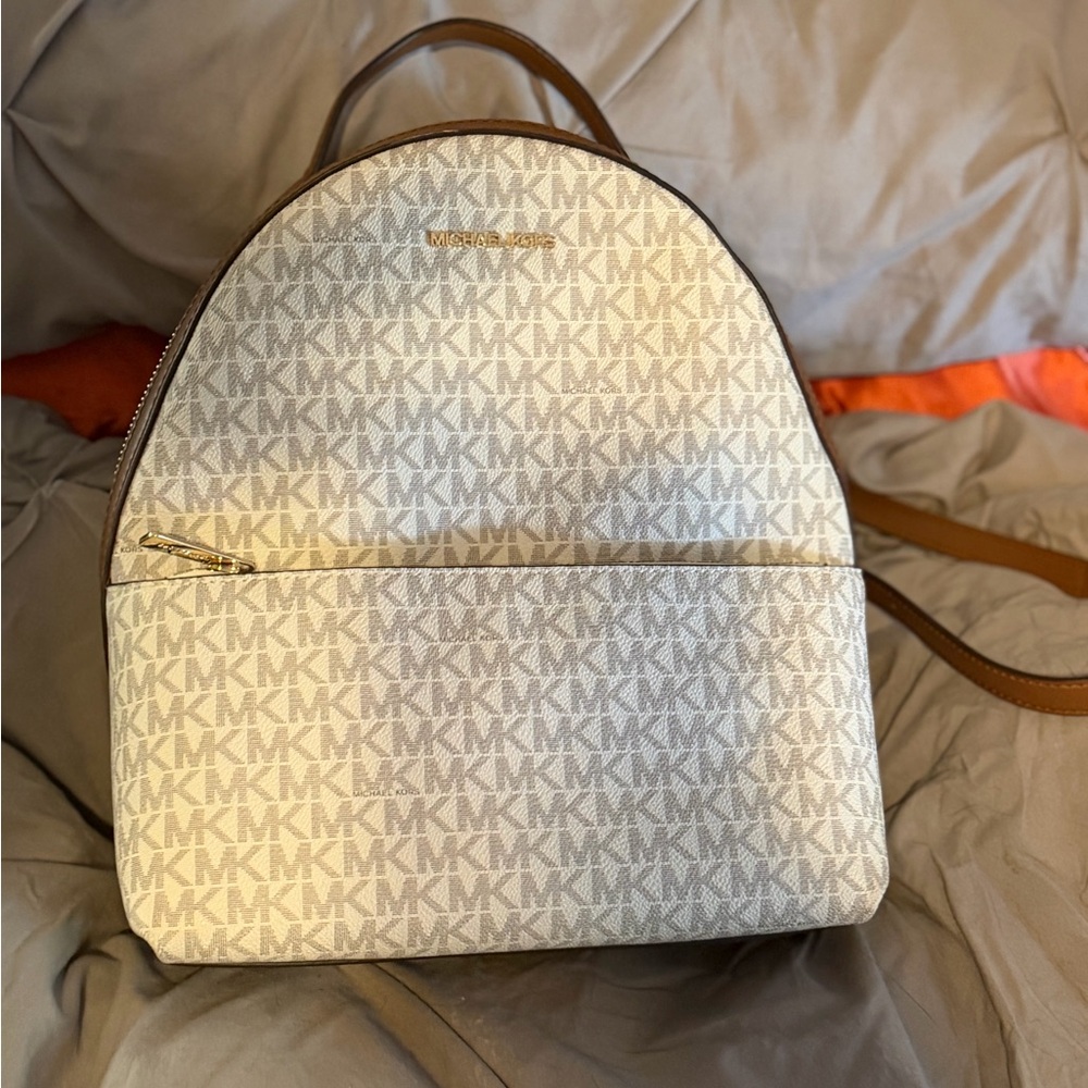 Michael Kors Cream MK Logo Backpack with Tan Trim